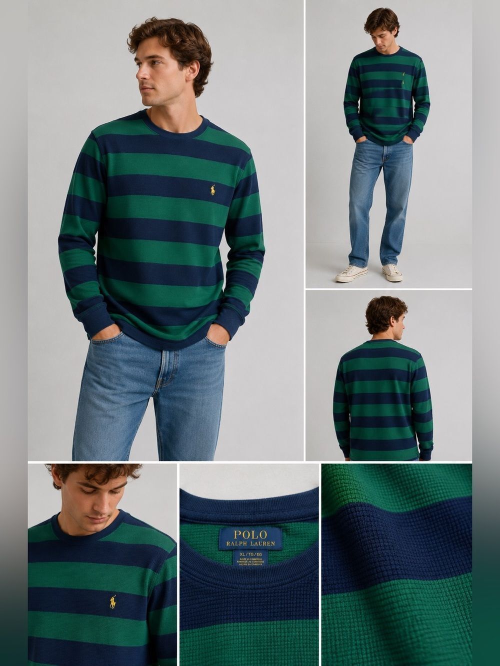 Polo Ralph Lauren Shirt Adult Striped Green Blue Waffle Knit Long Sleeve Size XL